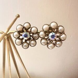 Vintage Rhinestone and Pearl Clip--On Earrings Art Deco Mid-Century Glam